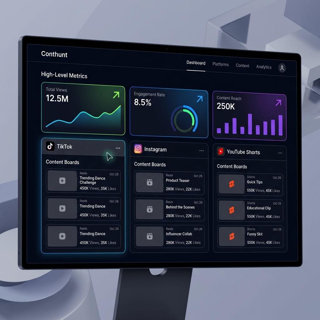 Screenshot showing Conthunt's multi-platform analytics interface