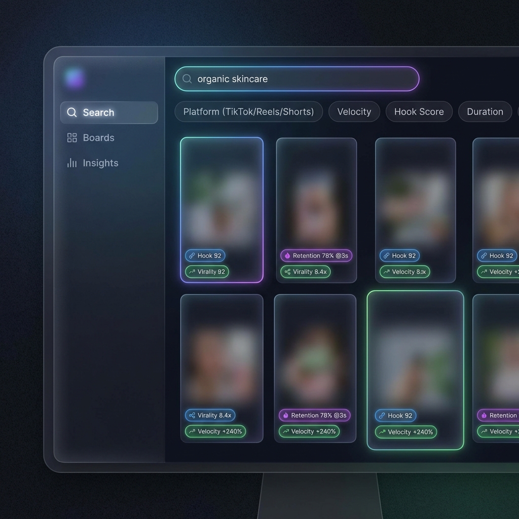 Screenshot-style illustration of Conthunt multi-platform search results with filters for “Velocity” and “Hook Score”