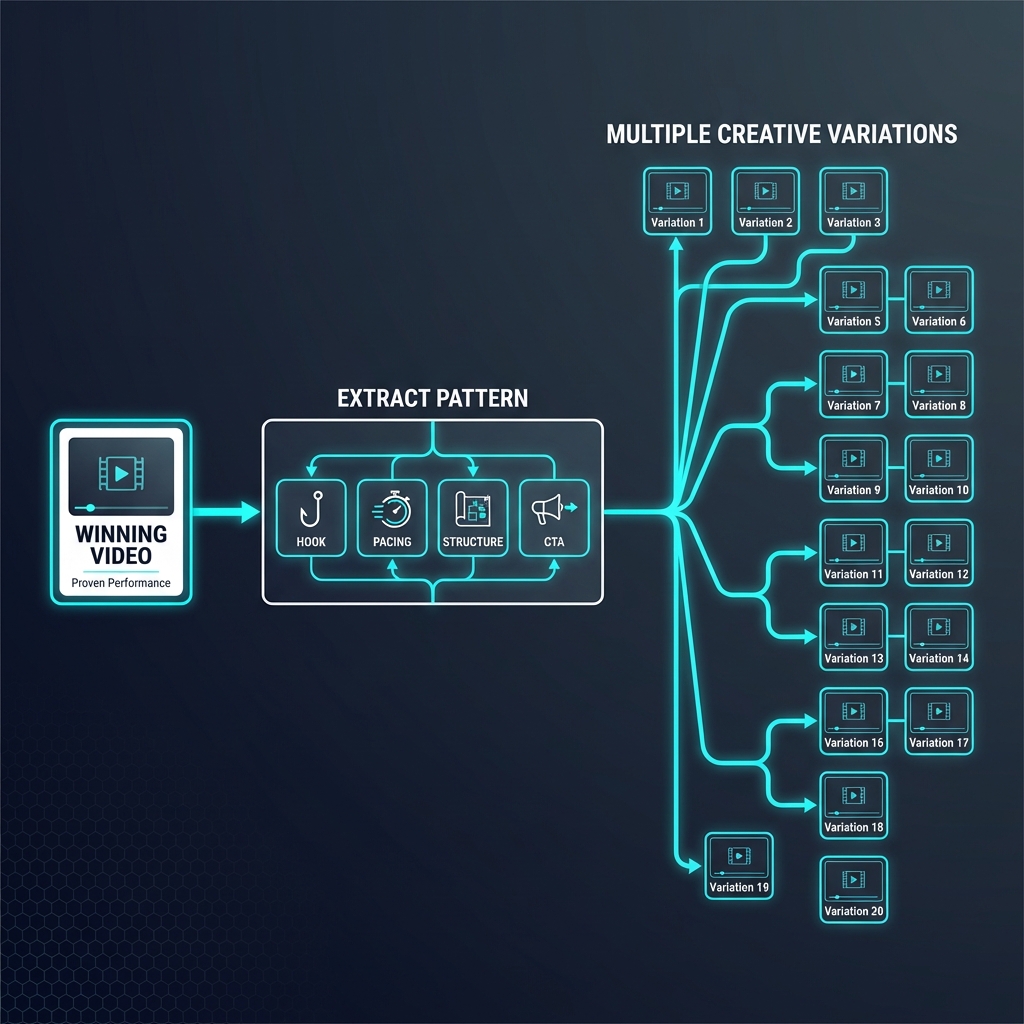 Diagram showing “1 winning video → 20 variations” pipeline with hooks, pacing, structure, CTA as branches